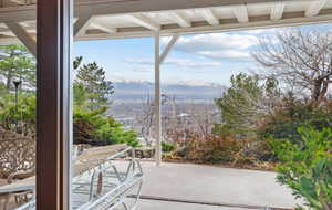 View of patio with a mountain view