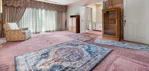 Interior space featuring ornamental molding and carpet flooring