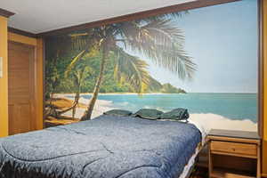 Bedroom with a textured ceiling and a water view