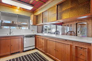 Kitchen with white dishwasher and sink