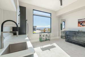 Living room with light colored carpet and sink