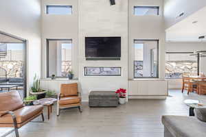 Living room featuring a towering ceiling, a healthy amount of sunlight, and light hardwood / wood-style flooring