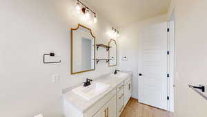 Bathroom with vanity and wood-type flooring