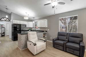 Living room featuring vaulted ceiling, sink, ceiling fan, and light hardwood / wood-style flooring