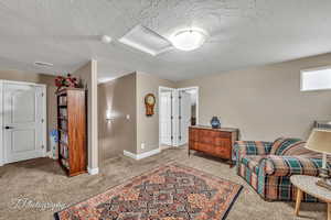 Sitting room featuring light carpet and a textured ceiling