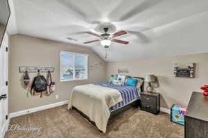 Carpeted bedroom featuring ceiling fan, lofted ceiling, and a textured ceiling