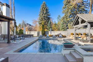 View of pool featuring a jacuzzi, a patio, and a gazebo
