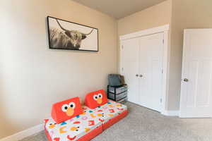 Carpeted bedroom featuring a closet