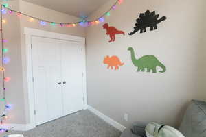 Carpeted bedroom with a closet