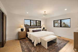 Bedroom with multiple windows and light wood-type flooring