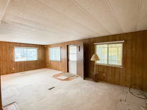 Carpeted empty room featuring a textured ceiling and wooden walls