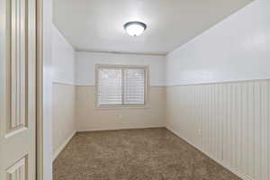 Spare room featuring carpet and a textured ceiling