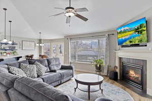 Living room featuring a healthy amount of sunlight, wood-type flooring, and a fireplace