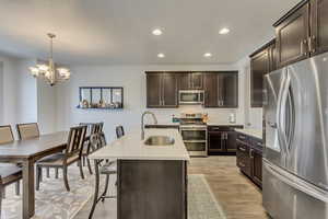 Kitchen with sink, stainless steel appliances, an island with sink, a kitchen bar, and decorative light fixtures