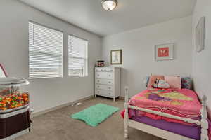 Bedroom featuring light colored carpet