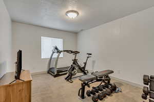 Workout room featuring carpet and a textured ceiling