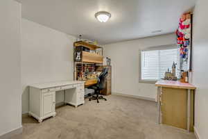 Home office with light carpet and a textured ceiling