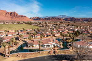 Bird's eye view with a water and mountain view