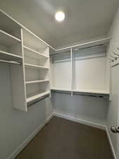 Walk in closet with dark colored carpet