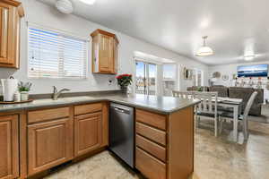 Kitchen featuring pendant lighting, stainless steel dishwasher, kitchen peninsula, and sink