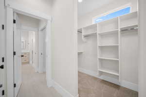 Spacious closet with light carpet