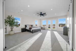 Bedroom with light colored carpet, access to exterior, and multiple windows