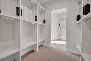 Walk in closet featuring light carpet