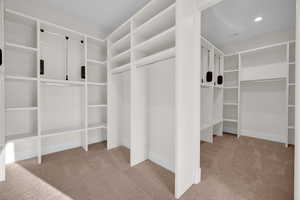 Walk in closet with light colored carpet