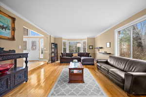 Living room with crown molding, light hardwood / wood-style floors, and french doors