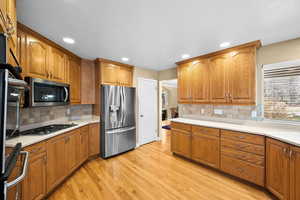 Kitchen featuring backsplash, appliances with stainless steel finishes, sink, and light wood-type flooring