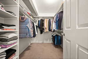 Walk in closet with light carpet