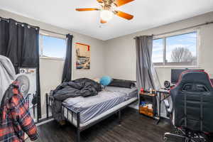 Bedroom featuring multiple windows, dark wood-type flooring, and ceiling fan