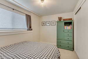 Bedroom with light colored carpet