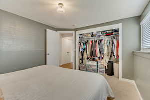 Carpeted bedroom featuring a closet