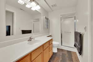 Bathroom featuring vanity, toilet, and walk in shower