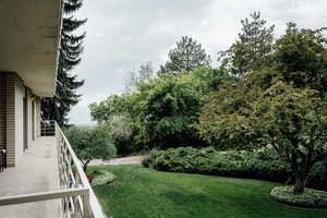 View of yard with a balcony