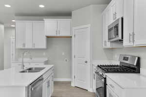 Kitchen featuring white cabinetry, appliances with stainless steel finishes, sink, and light wood-type flooring