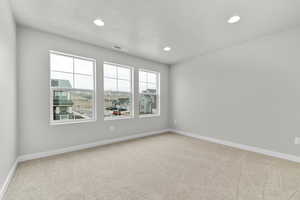 Unfurnished room featuring light colored carpet and a textured ceiling