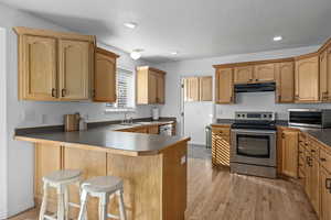 Kitchen featuring stainless steel appliances, light hardwood / wood-style floors, sink, and kitchen peninsula