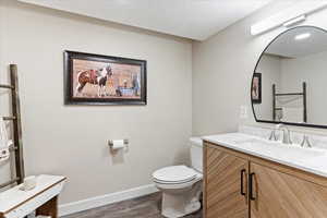 Bathroom with vanity, a textured ceiling, wood-type flooring, and toilet