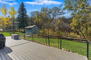 Wooden deck with a lawn and a shed