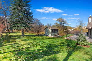 View of yard featuring a shed