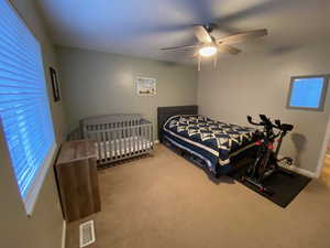 Carpeted bedroom with ceiling fan