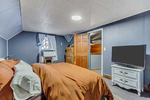 Carpeted bedroom with vaulted ceiling