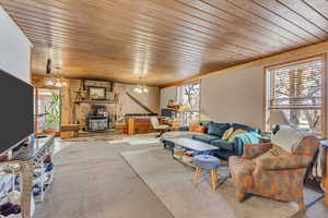 Living room with a wooden ceiling