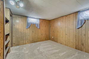 Carpeted spare room with wood walls