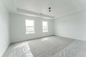 Carpeted spare room featuring visible vents, baseboards, and a tray ceiling