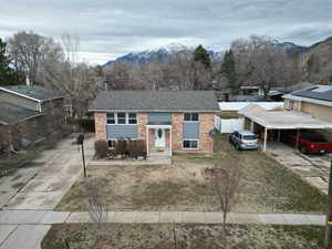 View of front of property with a mountain view and a carport