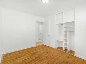 Bedroom with hardwood / wood-style flooring and a closet