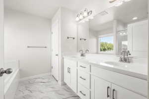 Bathroom featuring vanity and shower with separate bathtub